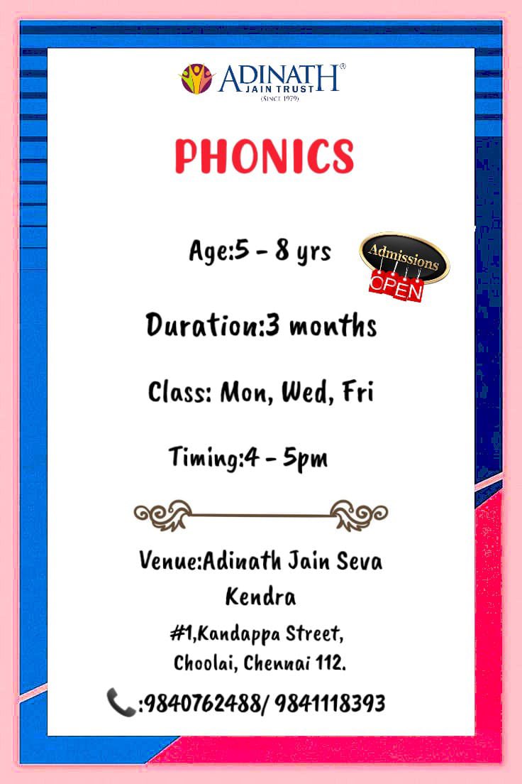 adinathtrust's tweet photo. Phonics class
Age: 5yrs to 8yrs

#phonicsforkids #phonics #phonicsclass #phonicsinchennai #phonicsclassinchennai #dmingenio #jain #chennai #dmingenio #adinath #adinathjaintrust #phoniex #phoniexclass https://t.co/YbPGOFtokR