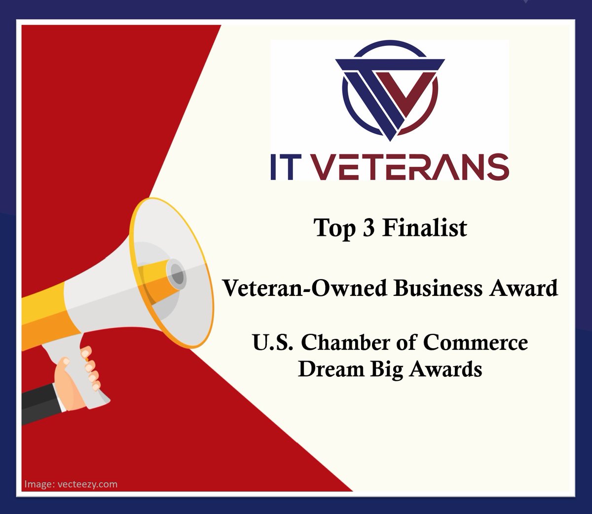 ITVeterans's tweet photo. DRUM ROLL!!  For the 2nd consecutive year, ITV was named a Top 3 Finalist, 2022 Dream Big Awards, Veteran-Owned Business Category, U.S. Chamber of Commerce.  This recognition is only possible because of our REMARKABLE TEAM! 
#ITVeterans #SDVOSB #DreamBig #USChamber #SpectrumReach https://t.co/wUF2V6xHWh