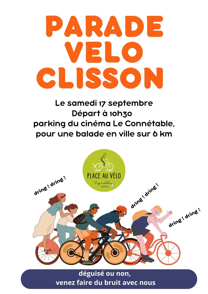 La déambulation vélo dans les rues de Clisson s'élancera ce samedi 17 septembre, à 10 h 30, devant le cinéma Le Connetable. Tout le monde peut venir !