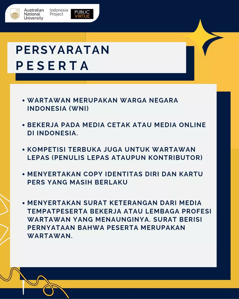 PublicVirtue's tweet photo. Hallo rekan-rekan jurnalis!
Public Virtue Research Institute bersama The ANU Indonesia Project mengundang rekan-rekan jurnalis untuk mengikuti "Journalist Competition" dengan topik "Gender Equality and Diversity in Indonesia: Identifying Progress and Challenges" https://t.co/0WAjeJueBs