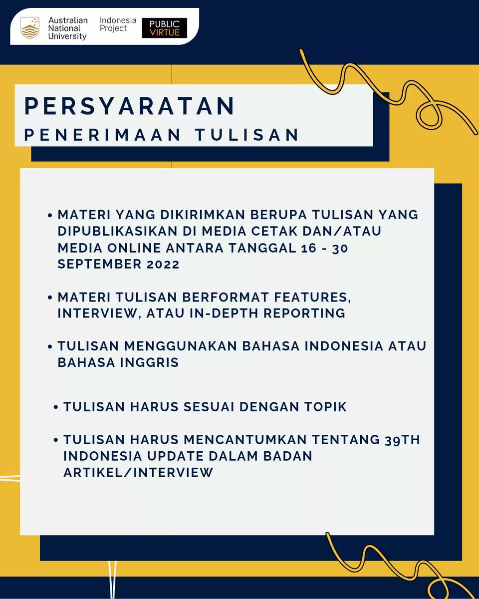 PublicVirtue's tweet photo. Hallo rekan-rekan jurnalis!
Public Virtue Research Institute bersama The ANU Indonesia Project mengundang rekan-rekan jurnalis untuk mengikuti "Journalist Competition" dengan topik "Gender Equality and Diversity in Indonesia: Identifying Progress and Challenges" https://t.co/0WAjeJueBs