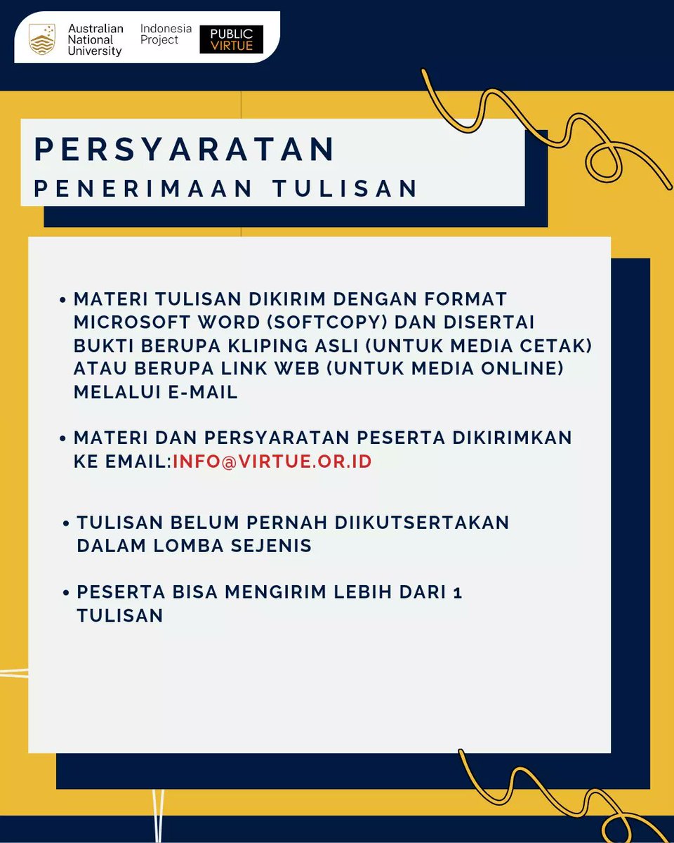 PublicVirtue's tweet photo. Hallo rekan-rekan jurnalis!
Public Virtue Research Institute bersama The ANU Indonesia Project mengundang rekan-rekan jurnalis untuk mengikuti "Journalist Competition" dengan topik "Gender Equality and Diversity in Indonesia: Identifying Progress and Challenges" https://t.co/0WAjeJueBs