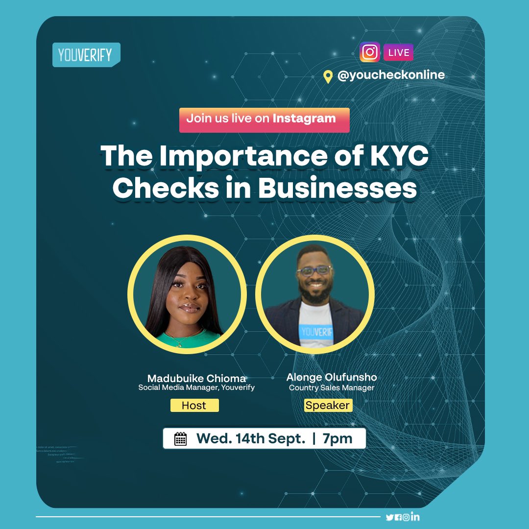 YoucheckOnline's tweet photo. Are you a Startup/SME or a tech enthusiast? Join Olufunsho Alonge, County sales manager at Youverify on Wednesday 14th October, 2022 at 7:00 pm WAT as he takes us through “The Importance of KYC checks in businesses”.

See you there! https://t.co/tCarm7L8sW
