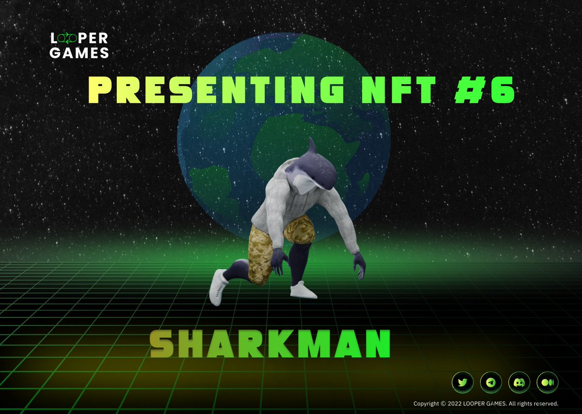 #SHARKMAN Hard designing this one but we did it. Presenting Sharkman. #NFT #NFTCommuntiy #NFTcollections  #opensea #loopergames #runninggame #browsergame #infinityrun #metarun #p2e #gamefi #play2earn #NFTGiveaway #comingsoon #game