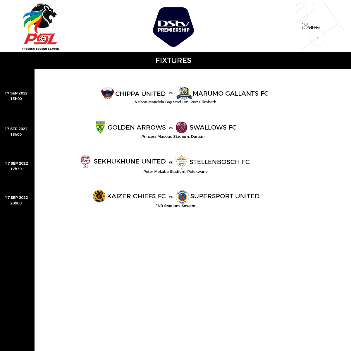 18Area1's tweet photo. These are the matches taking place in the next DSTV Premiership matchday! 

#18Area #DSTVPremiership https://t.co/l7OvfMvG42