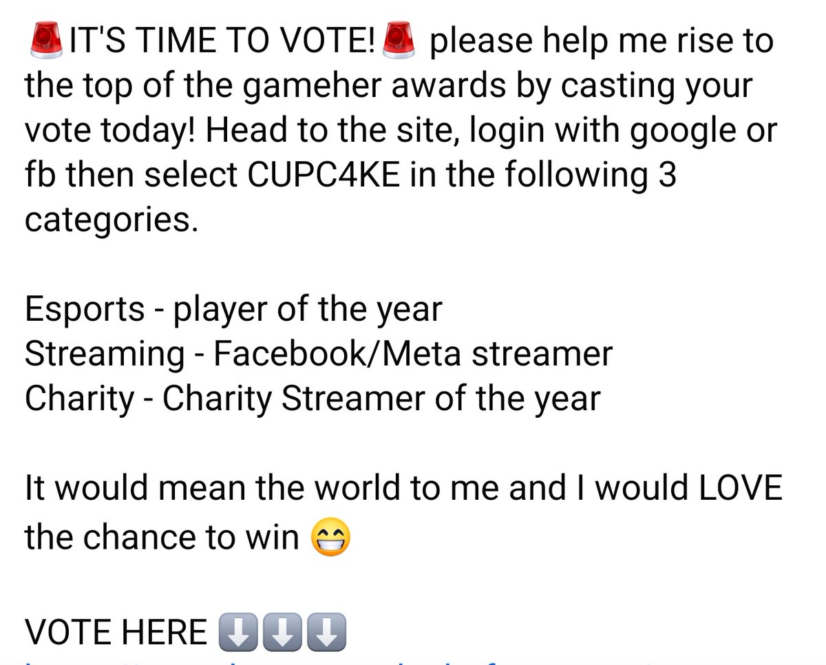 I would sincerely appreciate your vote! It would be an honor especially to win Charity Streamer of the year. I have raised nearly $30,000 for the @PBTFGameON I am deep rooted in charity work as a PBTF AMBASSADOR & it is very important to me as a streamer gamehers.awardsplatform.com/entry/vote/JVV…