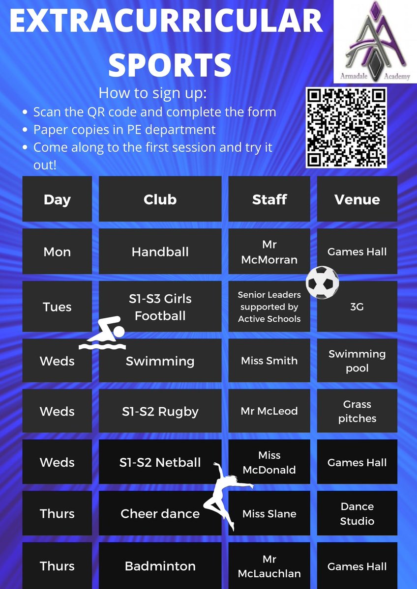 🥅🤾⚽️🏊🏉🏐💃🤸🏸
🚨 <a href="/ArmadaleAcademy/">Armadale Academy</a> Term 1 Sports Clubs 🚨

All clubs start after the September holiday and run 3:30-4:30pm.  Please see timetable below for club details.  

Sign up here➡️forms.office.com/r/22aLQnmGH7 

#TrySomethingNew