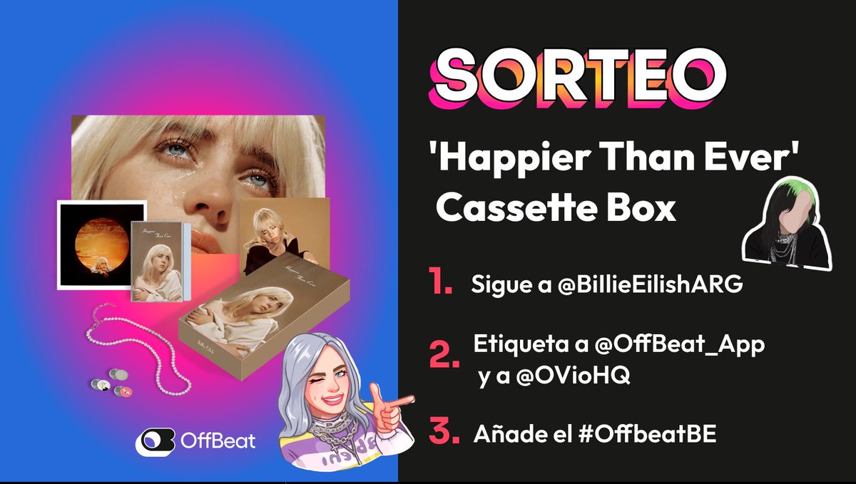 BiIlieEilishARG's tweet photo. 💥SORPRESA💥

Con nuestros amigos de Off Beat les traemos este sorteo de un Cassette Box de Happier Than Ever y tiene una duración de 24hs. 

Recuerden seguirnos, twittear con #OffBeatBE y etiquetar a @OffBeat_App @OVioHQ.

🚨: Solo para Argentina!

¡Mucha suerte para todos! https://t.co/4gwlj5cdXf