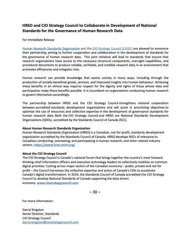 hrso_onrh's tweet photo. Thrilled to announce our partnership with @CIOStrategyC for the development of a National Standard of Canada for human research data governance. 

See Press Release 👉 https://t.co/b0igxPZ7zz 

@StandardsCanada #StandardsMatter #InnovateWithStandards #Research #Data https://t.co/7qCkKzqJiC