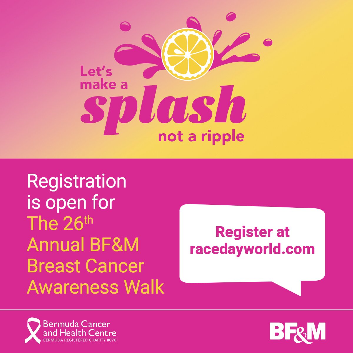 bfminsurance's tweet photo. We’re excited to share… registration is now open for The 26th Annual BF&amp;M Breast Cancer Awareness Walk! Register today at https://t.co/bWbzZ776Nq 

#stompoutbreastcancer #Bermunity https://t.co/k8EbvyzBBz