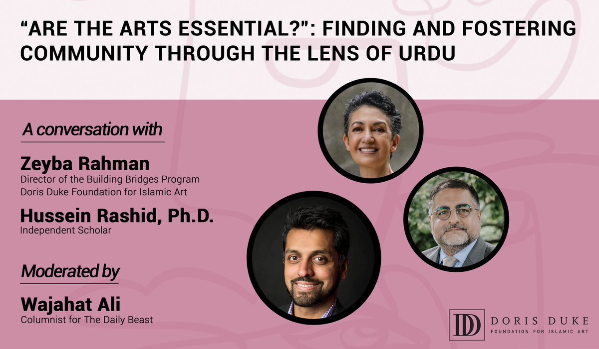 DorisDukeFdn's tweet photo. Watch #BuildingBridgesProgram Director @Zeyba Rahman & scholar Hussein Rashid (@islamoyankee) as they discuss their essay (from @NYUpress's #AretheArtsEssential anthology) in this lively conversation with @WajahatAli about finding & fostering community: https://t.co/DwlLJWWjbo https://t.co/30DA3xUyEh
