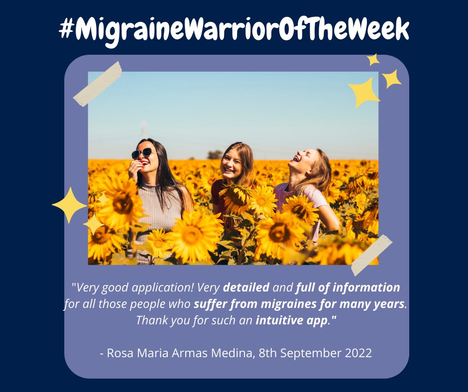 MigraineBuddy's tweet photo. #MigraineWarriorOfTheWeek: Rosa Maria Armas Medina

"Very good application👌 very detailed and full of information for all those people who suffer from migraines for many years. Thank you for such an intuitive app."
#migrainebuddy #migrainerelief #migrainetracking https://t.co/2QqNjhL3dM