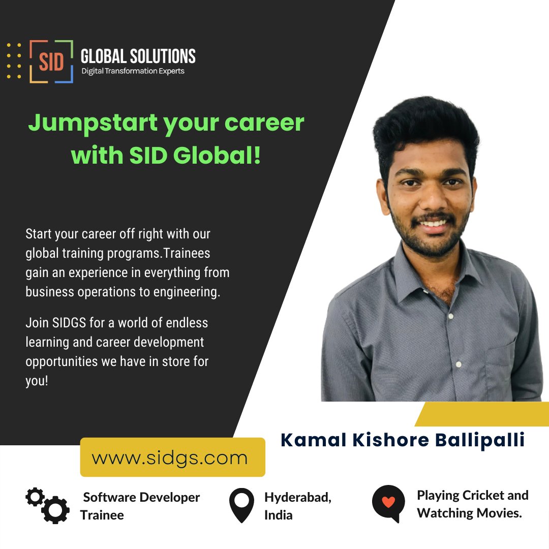 SolutionsSid's tweet photo. Welcome to a world of endless learning and career development opportunities to its people.
Kamal Kishore ballipalli joined us as a Software Developer Trainee.

#engineeringtrainee #trainingprogram #internship #learning #digitaltransformation #apigee #GCP https://t.co/ItoONY2fsJ