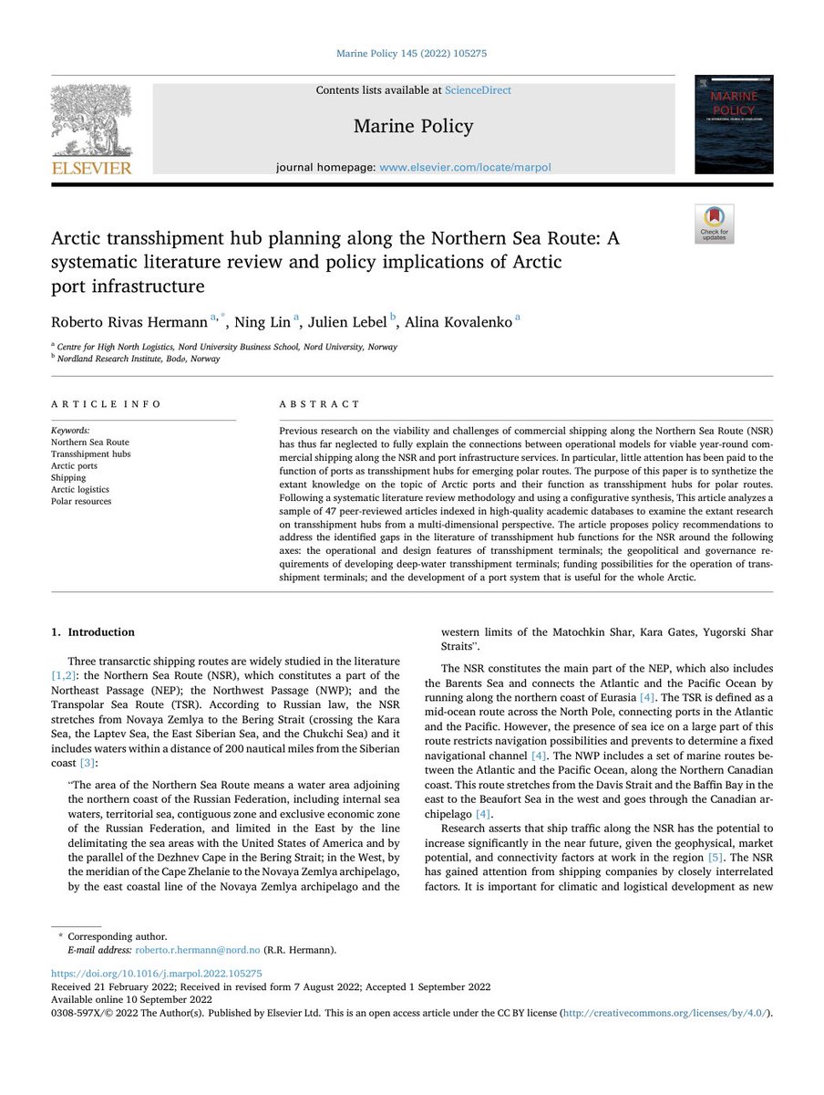 alyakov's tweet photo. Happy to share our open access article «Arctic transshipment hub planning along the Northern Sea Route: A systematic literature…» in cooperation with my colleagues at CHNL (@Norduniversitet) and @Nforsk published in @PolicyMarine
#shipping #arctic #nsr
https://t.co/fHA4U93IMI https://t.co/yn5grhbABQ