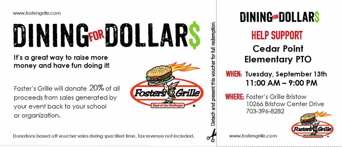 cedarpointpto's tweet photo. Making dinner plans for the week? Don't forget our Foster's Spirit Night is tomorrow, Sept. 13 ALL DAY from 11. a.m. - 9 p.m. Make sure to mention Cedar Point or show your flyer to support our school. 🍔 https://t.co/1gGS2BOsUS