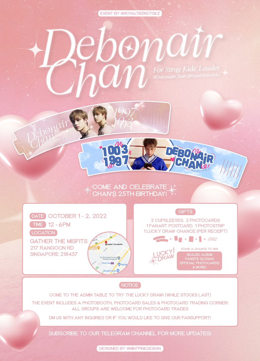 royaltbznctskz's tweet photo. 𝘿𝙚𝙗𝙤𝙣𝙖𝙞𝙧 𝘾𝙝𝙖𝙣

birthday cafe event for stray kids’ bang chan in singapore

✨ 1-2 october, 2022
✨ gather the misfits
✨ 12-6pm
✨ https://t.co/Xr5ld20PHP 

#DebonairChan https://t.co/1o1cIlKyYj