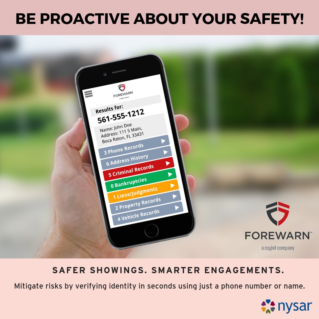 NYSAR_News's tweet photo. September is REALTOR® Safety Month! 
Be proactive about your safety with the @FOREWARNapp, which lets you instantly verify someone's identity with just a phone number or name. Visit https://t.co/eJadvL5EkS or call (561) 757-4550.
#MemberPerkMonday #savingYOUmoney https://t.co/WA2YCdncJe