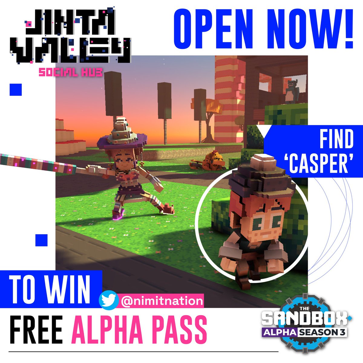 Jinta Valley’s Social Hub land on #SandboxAlphaS3 is open and we’re giving away FREE Alpha Pass!

- Follow <a href="/nimitnation/">Nimit Nation</a> <a href="/TheSandboxGame/">The Sandbox</a>
- Tag 3 friends and RT
- Screenshot with Casper in Jinta Valley (Hint: Image👇)
- Post screenshot and tag <a href="/nimitnation/">Nimit Nation</a>

#SandboxAlphaS3Giveaway