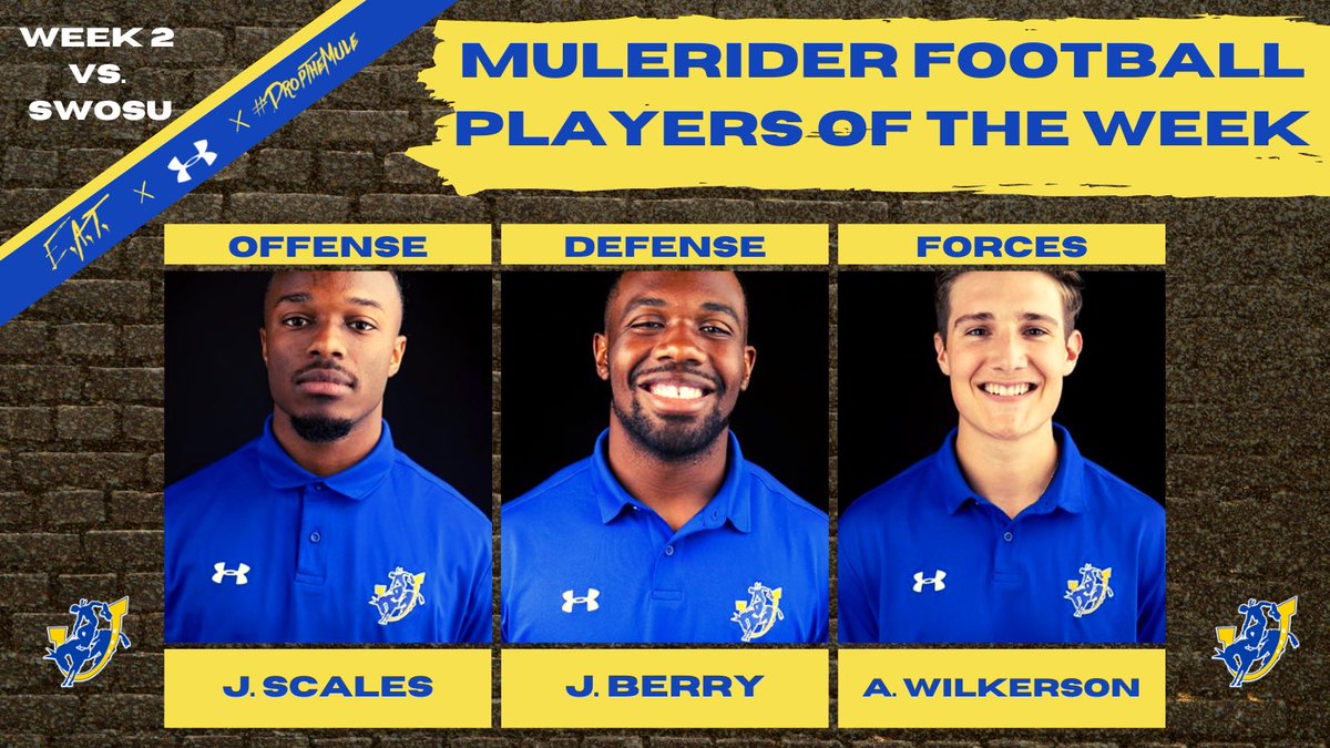 Congrats to our Week 2 Mulerider Players of the Week!! @JariqS3 @jacob_berry40 & @awilkerson_14 #LetsRide #MNM 🤙🏇