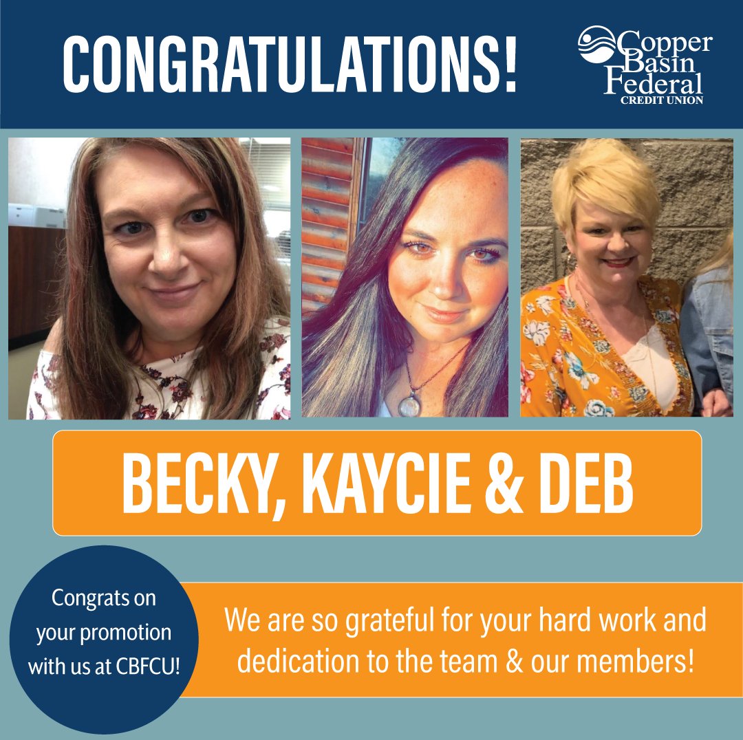 cbfcreditunion's tweet photo. We have a triple employee spotlight! Join us in congratulating Becky, Kaycie, and Deb on their recent promotions!🤩💙

We're so exited for all 3 of our amazing employees and we know they will all do amazing things in their new roles! 👏 https://t.co/vNlYTTUvtQ