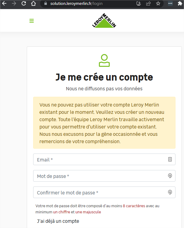 hichtibidi's tweet photo. Hey @leroymerlinfr Y'a un jour où https://t.co/jsVZBn8Nhv va être réparé ? Paiements qui passent pas, et... même pas de login ? Ca sert à quoi de créer un nouveau compte si je peux pas m'y log derrière ?🤔
Vous avez un objectif de nouveaux user c'est ca ?😂 https://t.co/sgag9iJCed