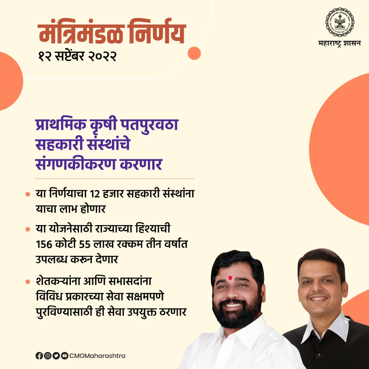 CMOMaharashtra's tweet photo. #मंत्रिमंडळनिर्णय
केंद्र पुरस्कृत प्राथमिक कृषी पतपुरवठा सहकारी संस्थांचे संगणकीकरण  करण्यासाठी योजना राबविणार. https://t.co/0m4YLrXKXn