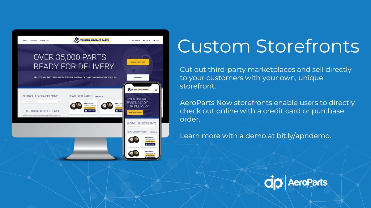 AeroPartsNow's tweet photo. Cut out the third-party middleman and switch to a custom branded AeroParts Now ecommerce store. Your inventory will be visible to any existing or potentially new parts buyer searching the web, and once on your site they can check out and pay directly without having to leave. https://t.co/2lvJiH7R6w