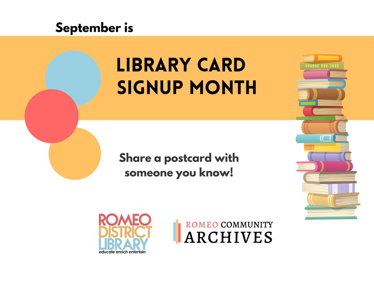 RomeoLibrary's tweet photo. Help others enjoy the wonders of the library! Pick up a postcard just inside our doors to give to a friend or neighbor! #romeolibrary https://t.co/wQiDkCAKJa