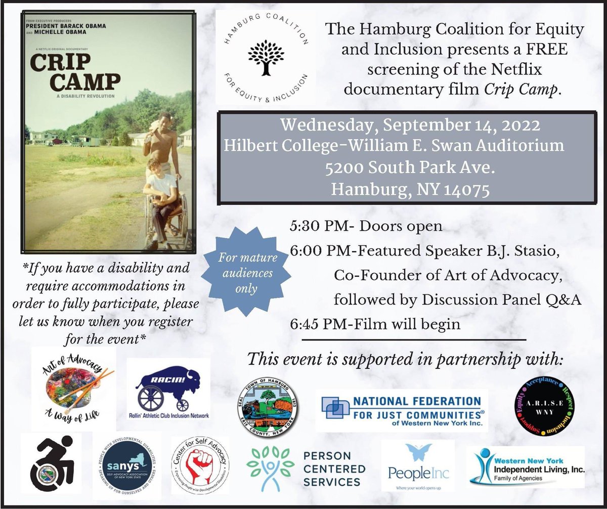 This Wednesday, September 14th, The Hamburg Coalition for Equity and Inclusion presents a free screening of the Netflix documentary film Crip Camp.  Details included below!