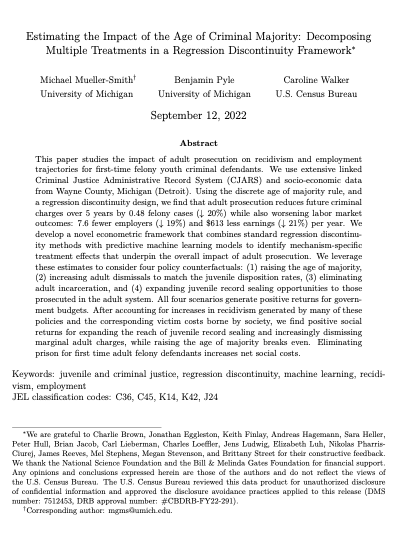 How does adult versus juvenile prosecution impact the crime and employment outcomes for teenagers in the U.S.? What mechanisms might cause these differences? Check out our new <a href="/UM_CJARS/">CJARS</a> working paper (with Caroline Walker and <a href="/BenDPyle/">Ben Pyle</a>). Summary🧵!  1/14

cjars.isr.umich.edu/age-of-majorit…