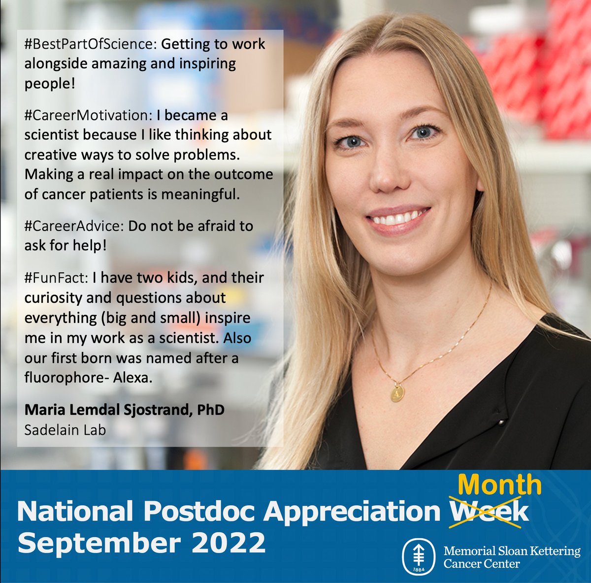 MSKEducation's tweet photo. We are one week away from #NPAW2022 and so many phenomenal scientists to meet.
 
#MSKPostdoc Maria Sjostrand (@MariaSjoestrand) is developing new strategies to target cancer cells with genetically engineered T cells (CAR T cells) in the @Michel_Sadelain lab.
#Sweden 🇸🇪 https://t.co/kQrFkTQVL4