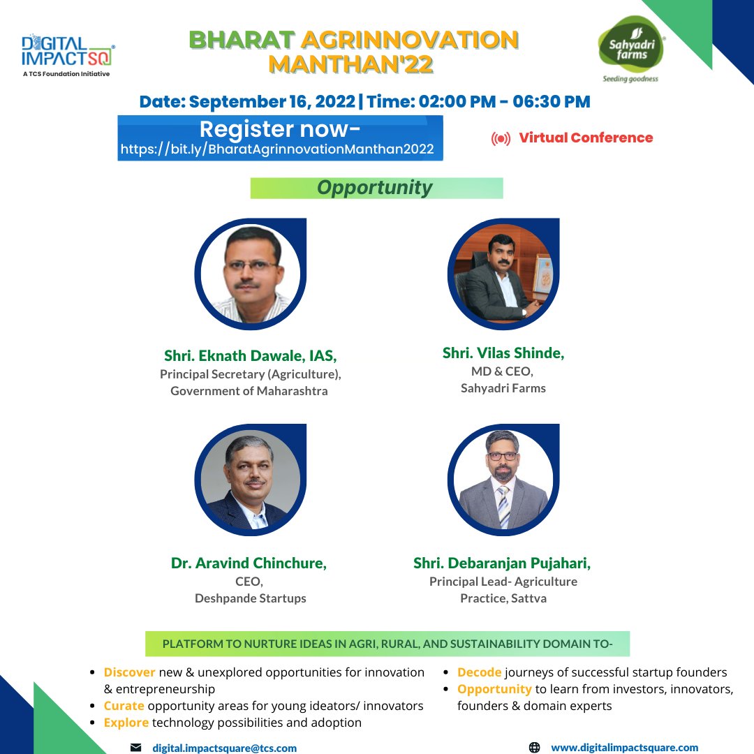 DigitalImpactSq's tweet image. Coming together is the first step; Staying together is progress, &amp;amp; working together is a success.

Join us for Bharat Agrinnovation Manthan'22 to explore new &amp;amp; unconventional #opportunities in #agri &amp;amp; #rural areas.
Register- lnkd.in/drYqnFNR
Date- 16th Sept 2022 | 02:00 pm