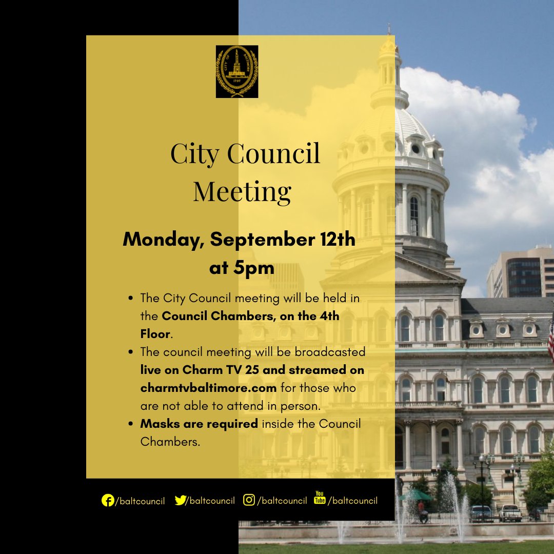 BaltCouncil's tweet photo. Join us for the City Council meeting today at 5p.m. 
Watch live:
- In person in the Council Chambers, City Hall, 4th Floor.
- @CharmTVBmore
Channel 25 on your TV https://t.co/tACpSQtdCi