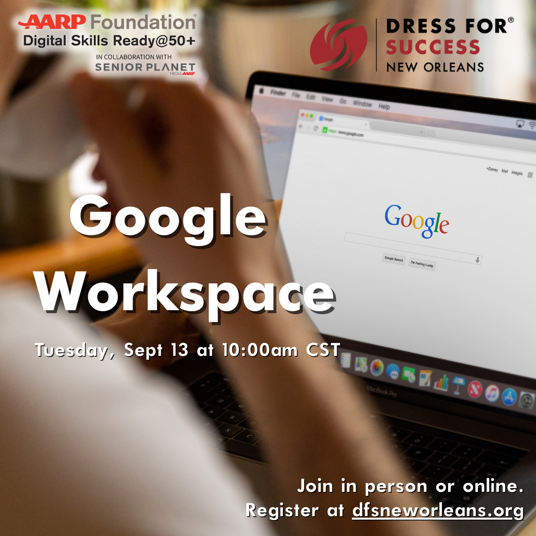 dfsneworleans's tweet image. Want to get involved in expanding your knowledge on how to use free tools from Google? Join our &quot;Google Workspace&quot; class on September 13 to learn more. 

Register Link:
dfsneworleans.org/event/google-w…

#dfsno #dressforsuccessneworleans #productivetools