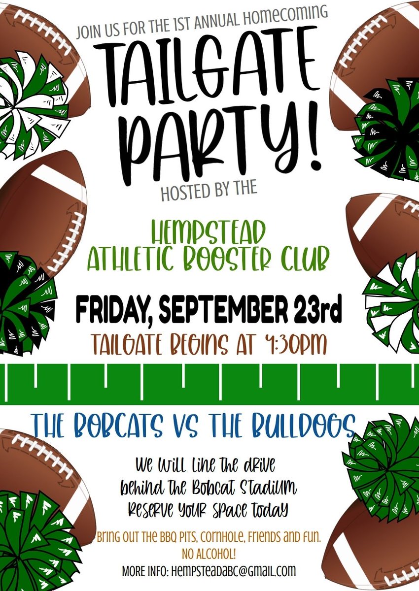 Our amazing Athletic Booster Club is sponsoring a tailgating event for the community! Hook up those pits and join us for BBQ, food and tons of fun as we  support our Bobcats! 
💚🤍💚🤍💚🤍✈️✈️✈️
<a href="/hr_hempsteadisd/">Hempstead ISD HR Department</a> @BobcatFB22 <a href="/Hempstead_ECC/">Hempstead Early Childhood Center</a> <a href="/Hempstead_ES/">Hempstead Elementary</a> <a href="/Hempstead_MS/">Hempstead Middle School</a> <a href="/HempsteadISD/">Hempstead ISD</a>