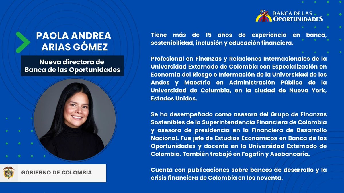 BOportunidades's tweet photo. Damos la bienvenida a Paola Arias Gómez, @PaolaAriasGomez. Profesional en Finanzas y Relaciones Internacionales de @UExternado con Especialización en Economía del Riesgo e Información de @Uniandes y Maestría en Administración Pública de @Columbia, en Nueva York, Estados Unidos. https://t.co/JtdLuIhn8A