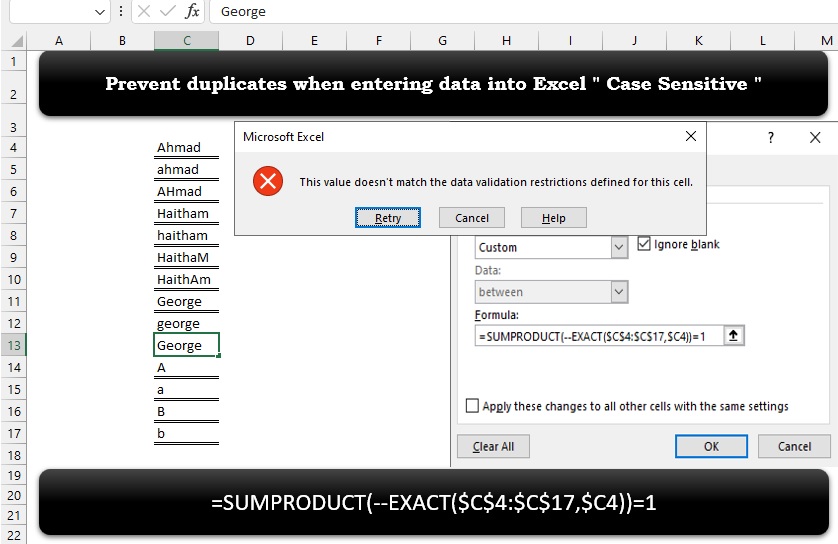 #Excel 
#MsExcel
#MicrosoftExcel 
#SpreadSheets
#DataValidation

Prevent duplicates when entering data into Excel ' Case Sensitive '