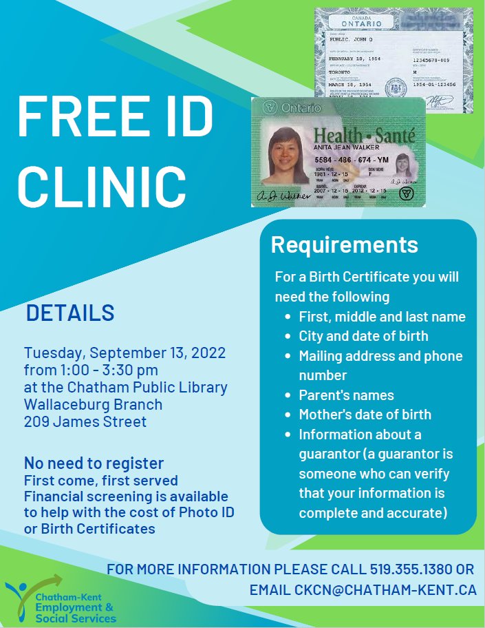 CKEandSS's tweet photo. Employment and Social Services is hosting a FREE ID Clinic tomorrow in Wallaceburg

Date: Tuesday, September 13, 2022
Time: 1:00pm to 3:30 pm 
Location: Wallaceburg Public Library, 209 James St Wallaceburg. 

For more info please call 519.355.1380 or email: ckcn@chatham-kent.ca https://t.co/kU4hNwSZyK