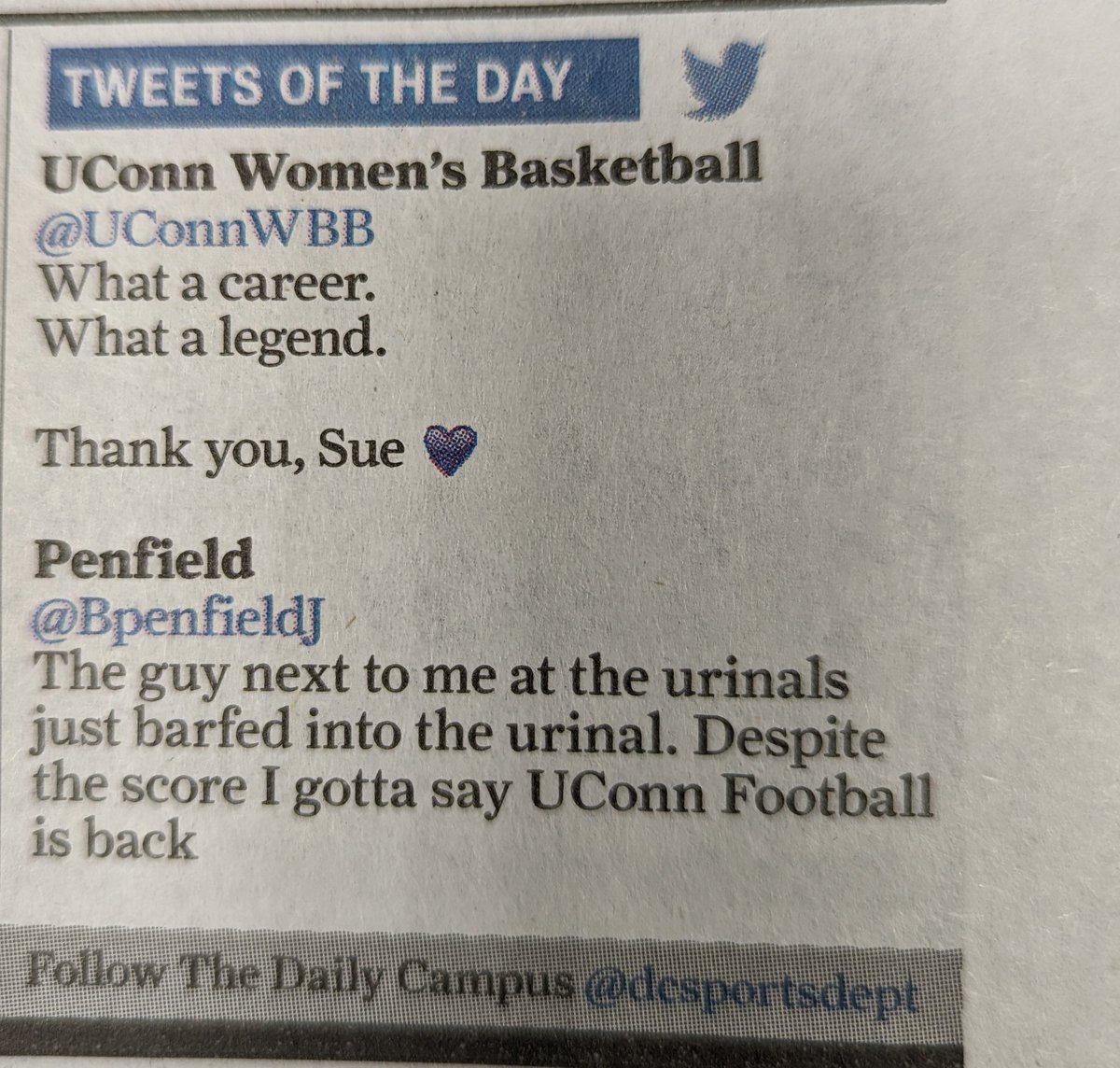 Jobos_ja's tweet photo. Congrats to @BpenfieldJ on making it into today's Daily Campus. Now we need @BigLarryBabyArm to follow it up with his shenanigans at the @UConnFootball vs @UMichFootball game this weekend. #BleedBlue. https://t.co/j5xisfEEhH