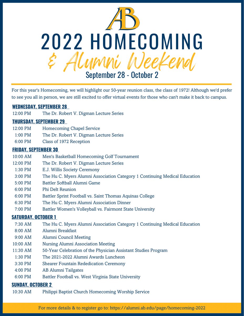 Alderson Broaddus University Alumni (@abalumni) on Twitter photo Homecoming is quickly approaching. Register today! alumni.ab.edu/page/homecomin… Homecoming is quickly approaching. Register today! alumni.ab.edu/page/homecomin…