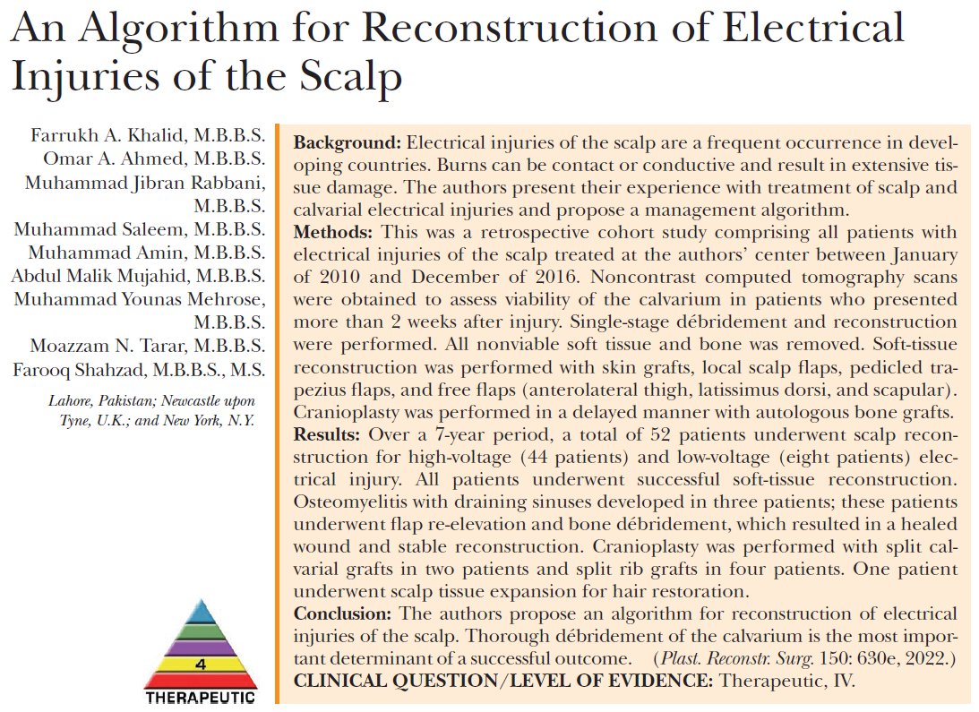 Scalp defects from electric injuries are difficult problems. Our colleagues from Pakistan presented various creative options for soft tissue and calvarial reconstruction. Pearls of wisdom that enhance recovery. bit.ly/3xjj2b7 @PRSJournal #PlasticSurgery