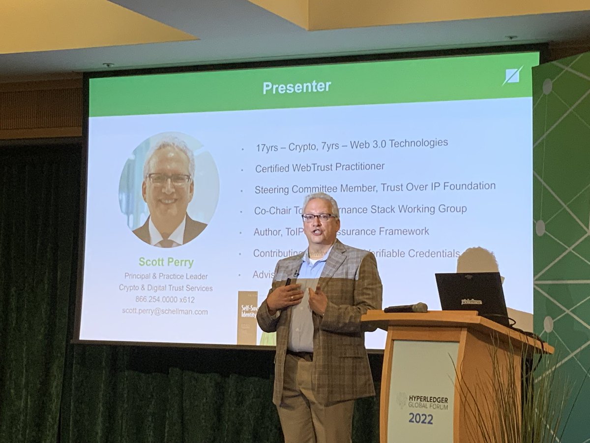 drummondreed's tweet photo. At #Hyperledger Global Forum, #TrustOverIP Steering Comm. Member & #Governance Stack WG Co-Chair Scott Perry explains that compliance really starts to matter when regulatory authorities starts to care about the risks associated with #verifiablecredentials and #digitaltrust. https://t.co/dcT8z7pBot