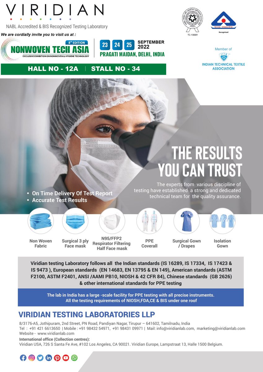 viridianlab's tweet photo. We are participating the Nonwoven Tech Asia Exhibition 2022 on 23rd, 24th &amp;25th Sep at Pragati Maidan, Delhi. Please Visit us on stall no 34. https://t.co/fqrNDSspF7