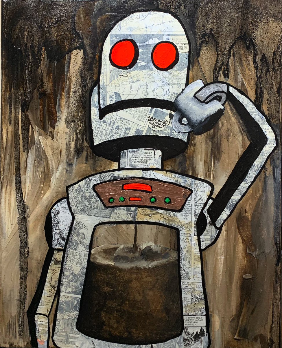 AnthonyContini's tweet photo. “One Cup is not Enough” 16” x 20” #MixedMedia on Canvas #robot #expressionism #ohio #artist #continiart #painting #art #mondaymotivation #coffee https://t.co/bPCYBGfRaw
