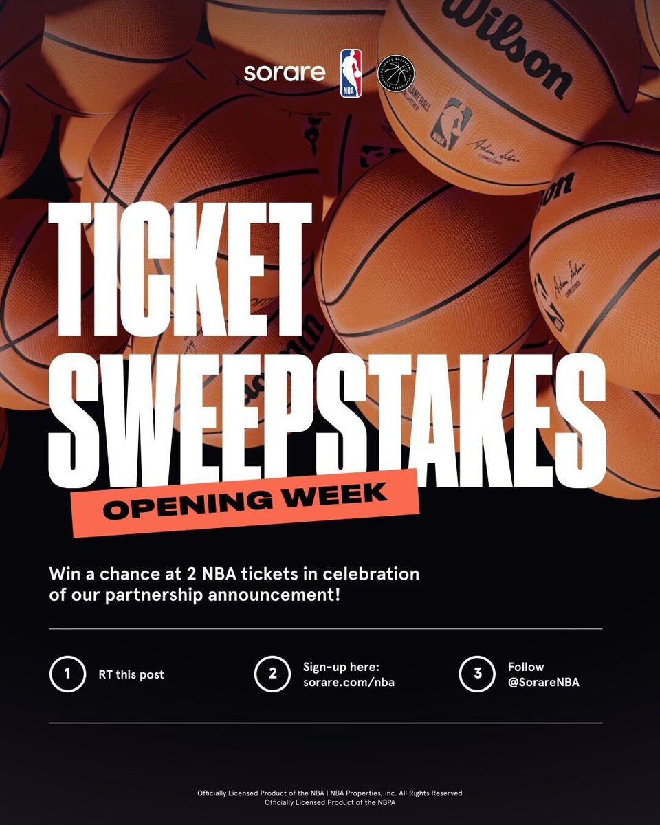 SorareNBA's tweet image. There's still time to enter for a chance at two tickets to NBA Opening Week🎟️

1. RT this post
2. Sign up: sorare.com/nba
3. Follow @SorareNBA 

Official rules 👉 api.sorare.com/go/nbasweeps