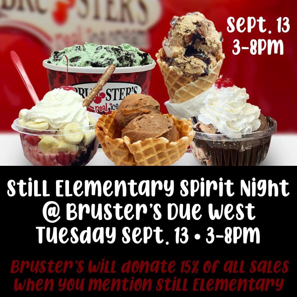 Join us tomorrow for our first spirit night of the year at Brusters from 3-8!! #brustersfresh #brusters <a href="/StillElem/">Still Elementary</a> <a href="/blairhivey/">Blair Ivey</a> <a href="/principalhoward/">Monica Howard</a>