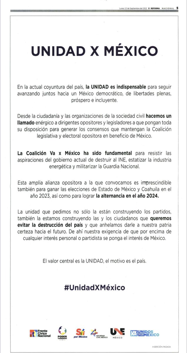 #UnidadXMéxico 

Llamado a la UNIDAD - Desplegado conjunto en <a href="/Reforma/">REFORMA</a>, por parte de:

Frente Cívico Nacional <a href="/FCN_mx/">Frente Cívico Nacional</a> 

Poder Ciudadano <a href="/PodermxXmx/">Poder Ciudadano Mx X Mx</a>

SÍ por México <a href="/SiPorMx/">SíPorMéxico</a>

Sociedad Civil México <a href="/SocCivilMx/">Sociedad Civil México</a>

UNE México <a href="/unemexico_/">UNE México</a>

Unidos Por México <a href="/UnidosPorMx2024/">UNIDOS POR MÉXICO 2024</a>

🙏Compártelo