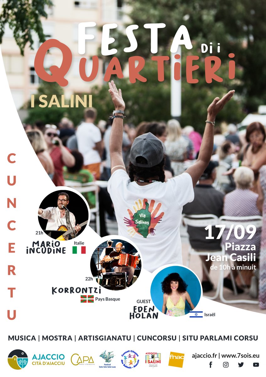 VilledAjaccio's tweet photo. #Ajaccio
🎻🥳 « Festa di i Quartieri » 2022 : des animations autour de la langue Corse, des stands gourmands, ateliers découvertes et musiques du monde !
Place Jean Casili (quartier des Salines) ce samedi 17 septembre, de 10h00 à minuit.
+ d'infos : https://t.co/yWHTfibqsI https://t.co/ixbriQN1sI