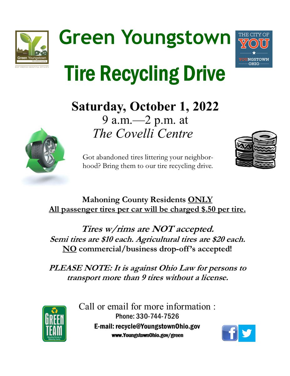 GreenYoungstown's tweet photo. YOUngstown it's that time of year to recycle those old tires you have stored. Please join Green Youngstown in our fight to continue to keep the City of YOUngstown clean and green on Saturday, October 1, 2022. https://t.co/0aTRhxC9m5