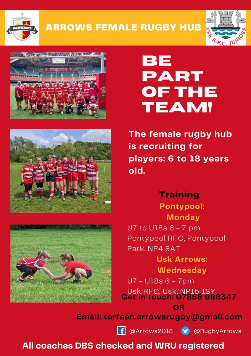 Come on girls! It's training day 🏃‍♀️
6PM start in Pontypool Park up on the main pitch. Plenty to work on ahead of more upcoming matches. 🏹🏉
#ArrowsArmy #GirlsRugby